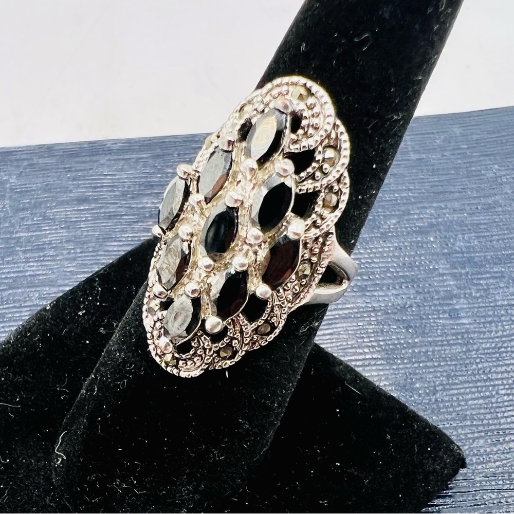 Sterling silver lattice cocktail ring black navette rhinestones size 7 - Picture 3 of 15